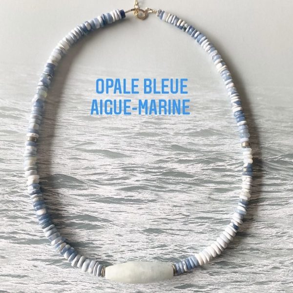 collier pierres naturelles turquoises, lapis lazuli, opale, aigue-marine